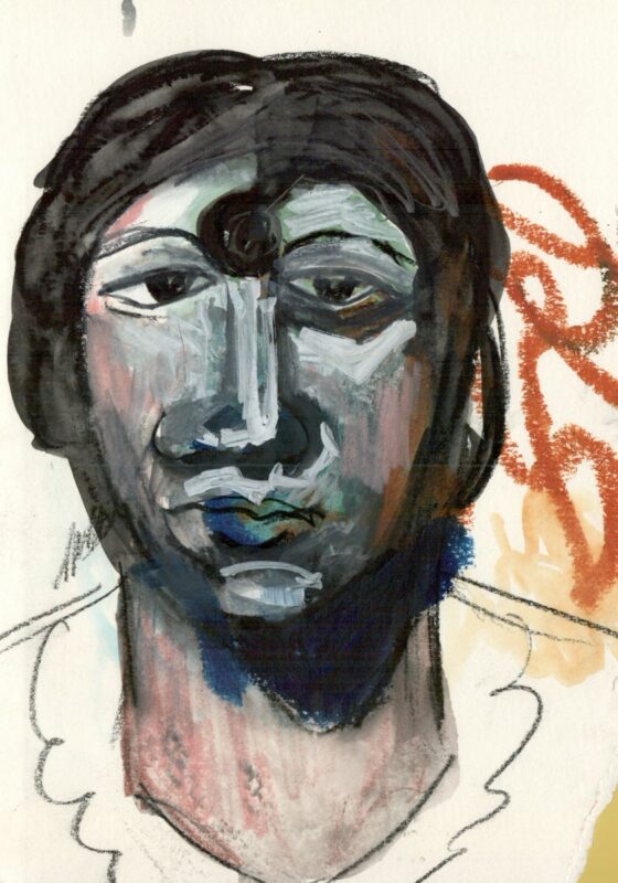 Dark woman's face with background scribble in sepia