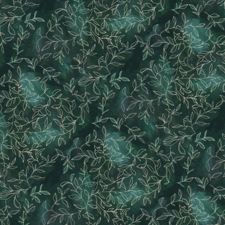 abstract floral leaves botanical line drawing on painted dark green background