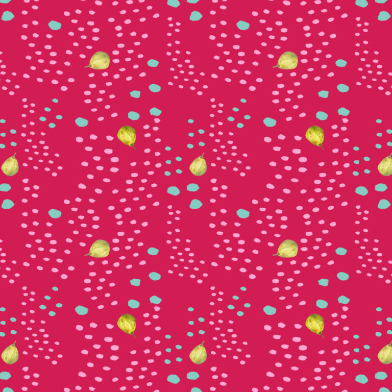 marks in organic shapes on pink with pears