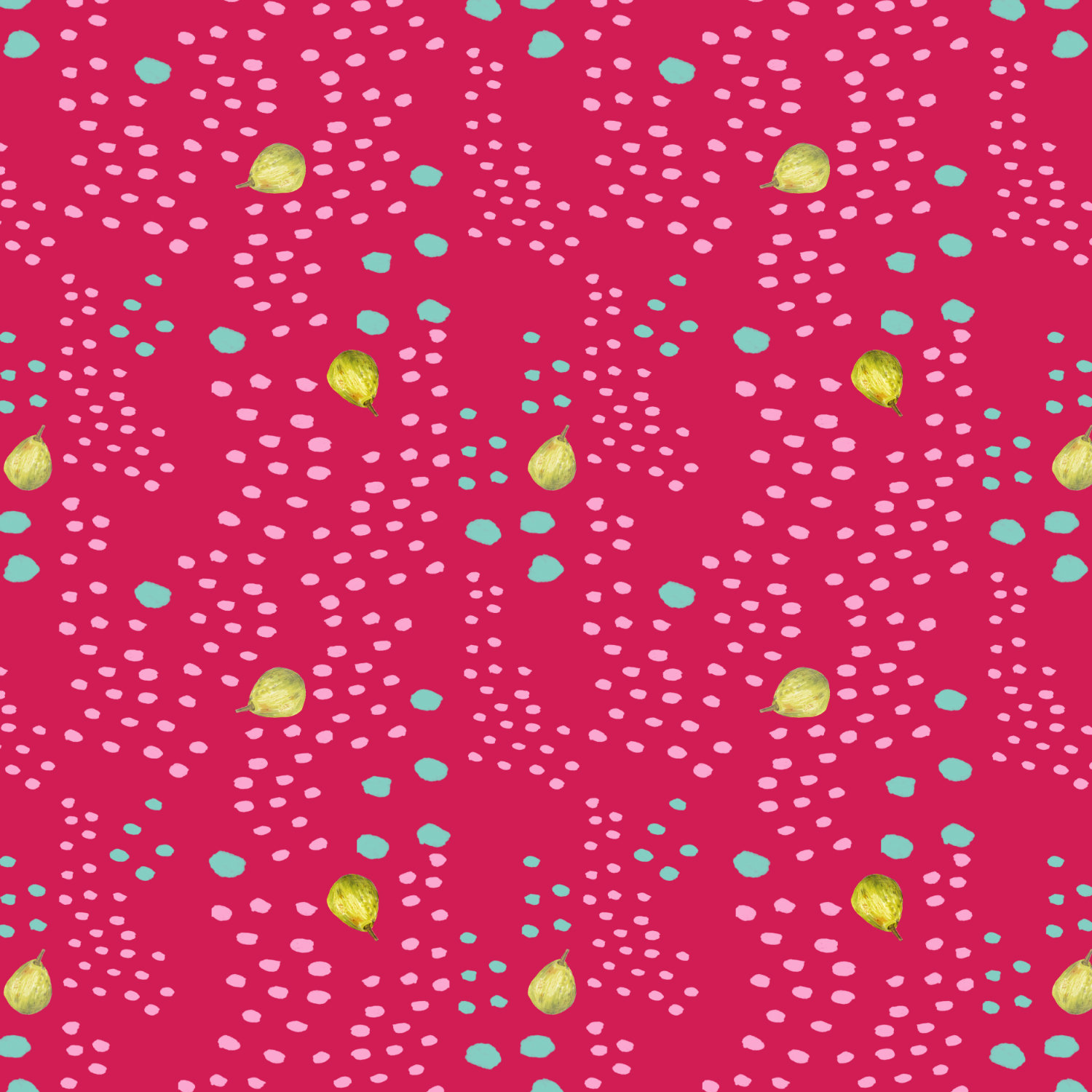 marks in organic shapes on pink with pears