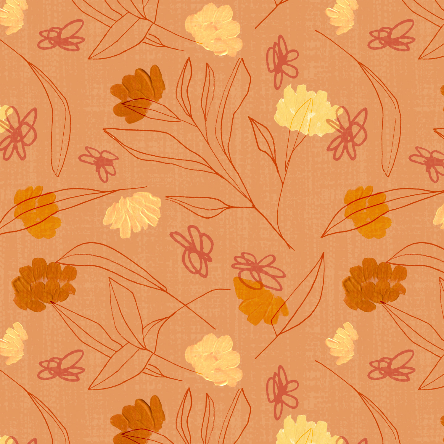 flower tops with organic hand drawn line drawing of leaves and scribble flowers line drawing