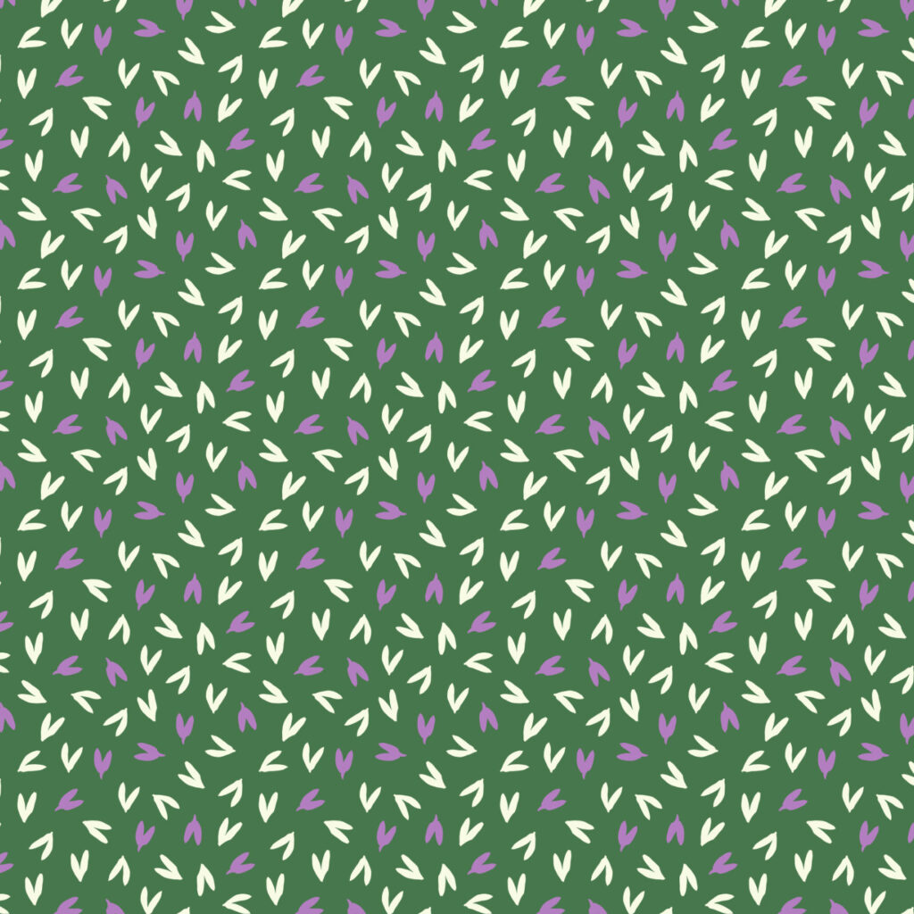 Prairie Cherry green background with cream and purple leaves or hearts