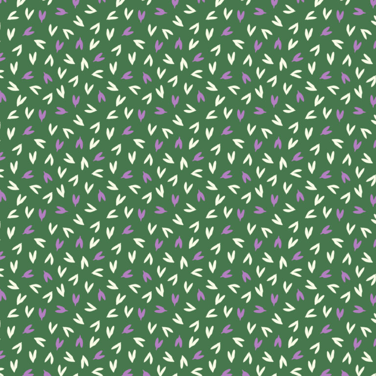 Prairie Cherry green background with cream and purple leaves or hearts