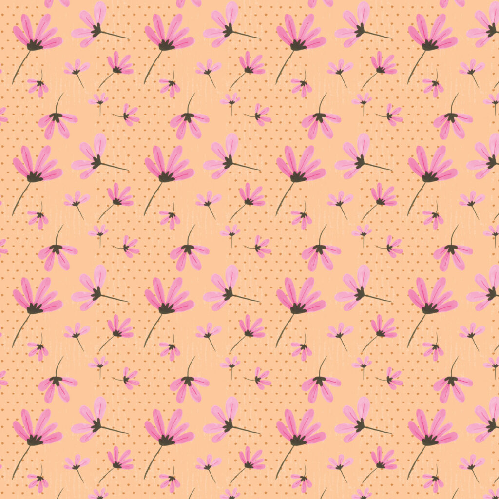 Daisies Pink on Light Peach/Sherbert with a polka dot stripe background