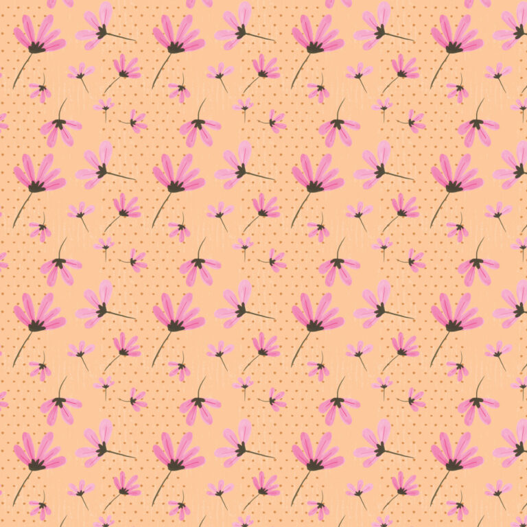 Daisies Pink on Light Peach/Sherbert with a polka dot stripe background