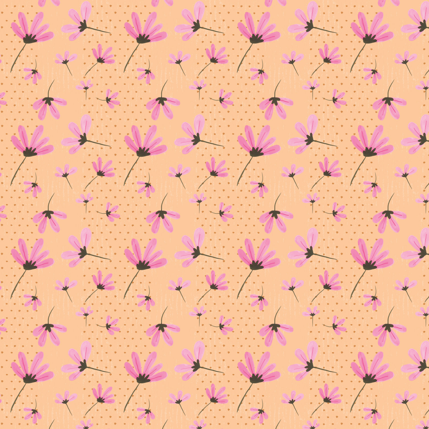 Daisies Pink on Light Peach/Sherbert with a polka dot stripe background