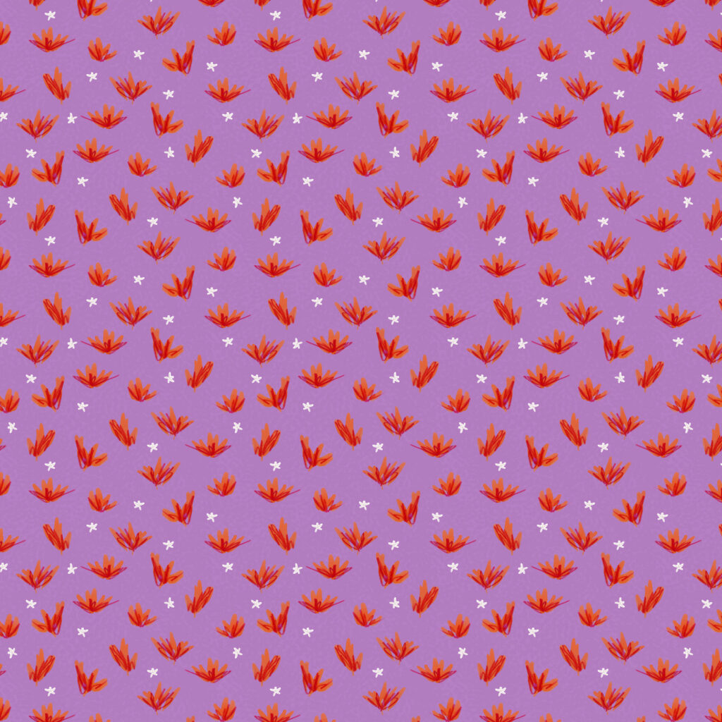 Red and peach flowers on lavender background