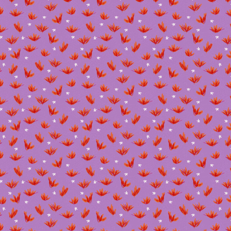 Red and peach flowers on lavender background
