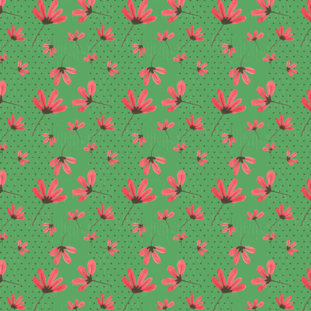 Daisies Red on Dark Green with a polka dot stripe background