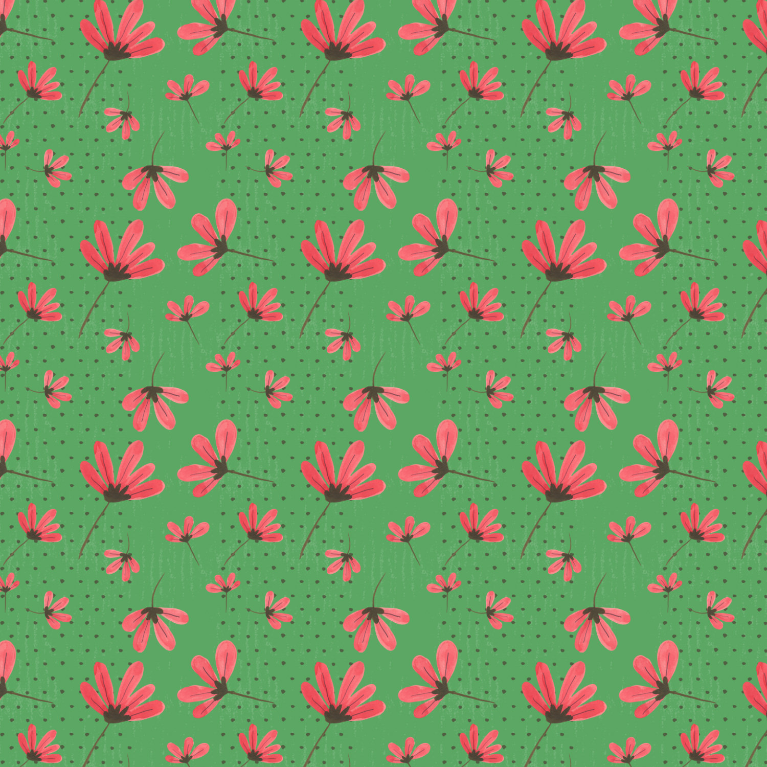 Daisies Red on Dark Green with a polka dot stripe background