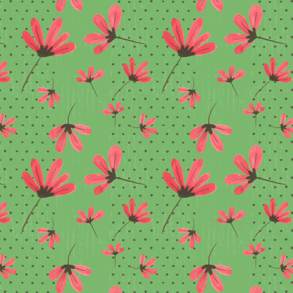 Daisies Red on Green with a polka dot stripe background