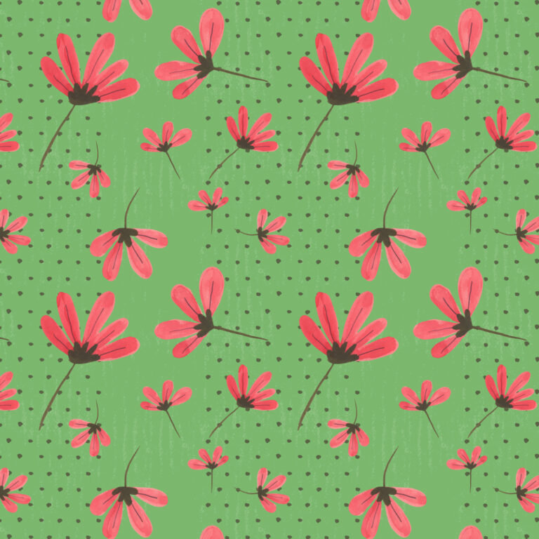 Daisies Red on Green with a polka dot stripe background