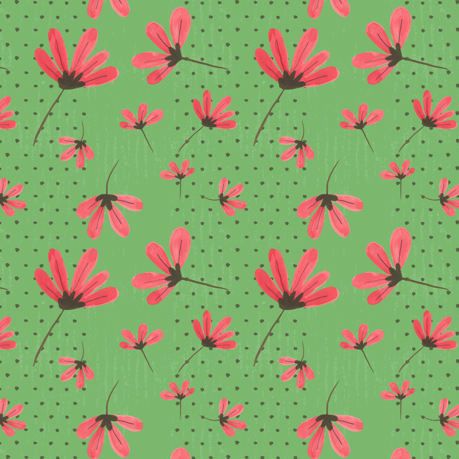 Daisies Red on Green with a polka dot stripe background