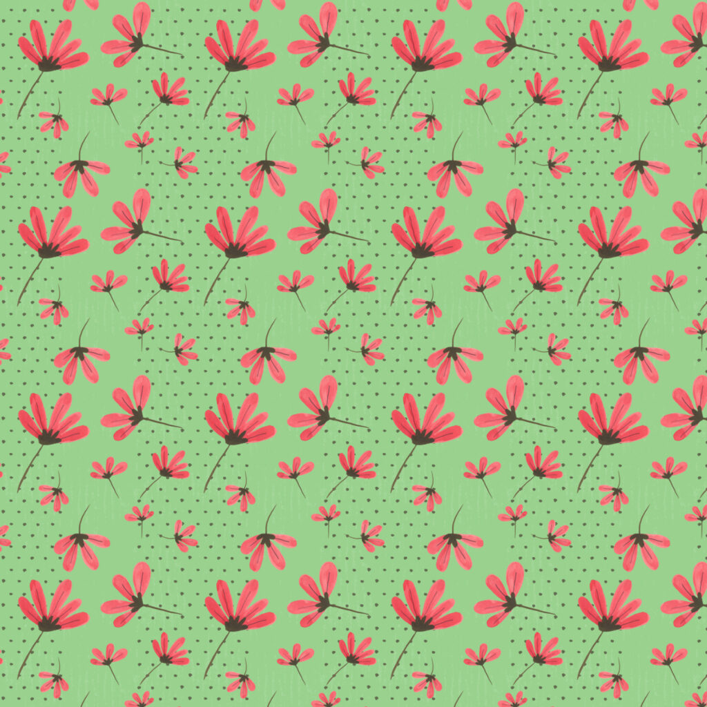 Daisies Red on Light Green with a polka dot stripe background
