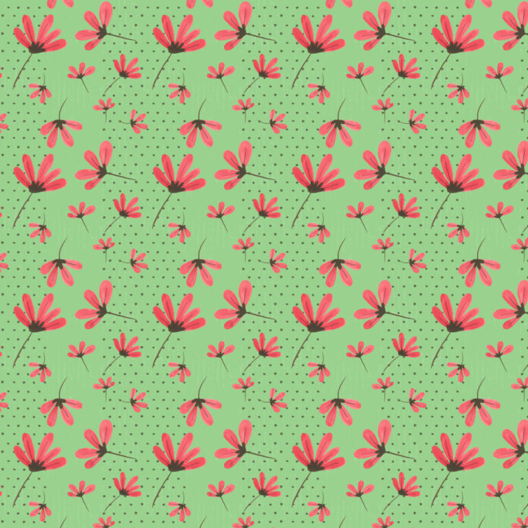 Daisies Red on Light Green with a polka dot stripe background