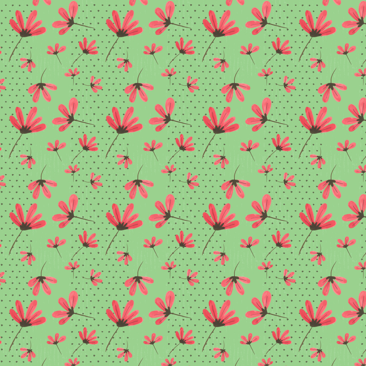Daisies Red on Light Green with a polka dot stripe background