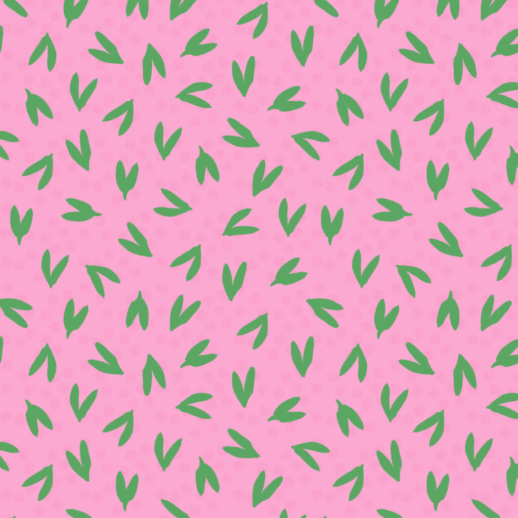 Prairie Cherry pink background with green leaves or hearts